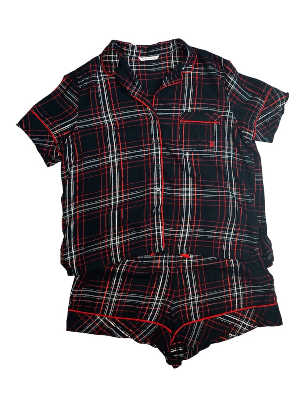 NWOT Victoria’s Secret Flannel Short Pajama Set Black / White / Red Button Down - Picture 4 of 9